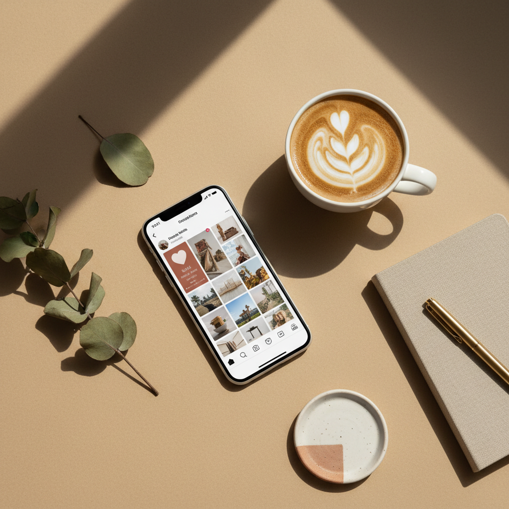 Professional marketing photography flatlay, mobile phone showing a social media feed next to a coffee cup and notebook on a warm beige surface, soft natural light, muted earthy tones, clean modern content production aesthetic