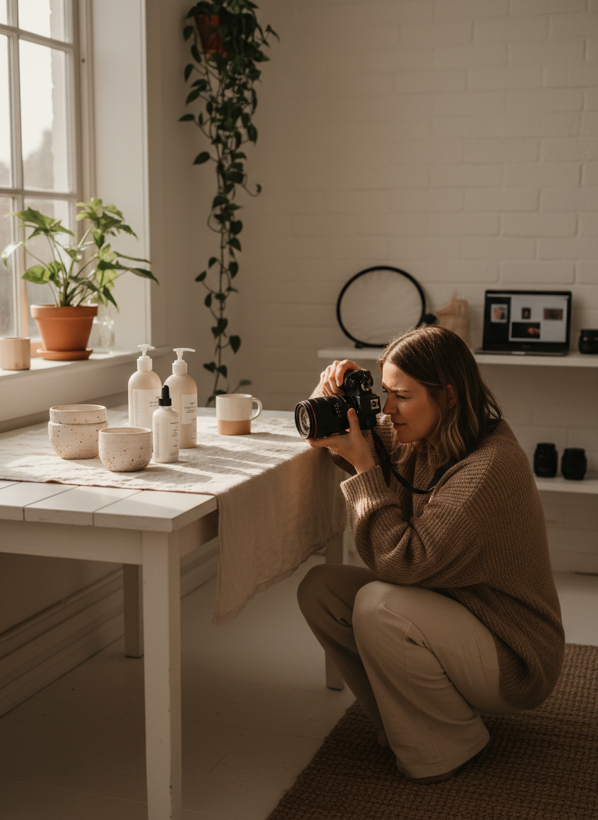 Fotograf fångar produktbilder i mjukt naturligt ljus
