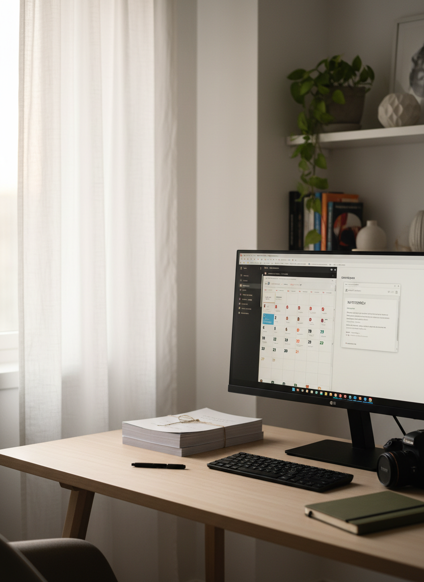 A compact but stylish home office corner that feels distinctly Nordic: a light wooden desk against a white wall, with a large monitor showing a social media scheduler and a second window with an open email newsletter editor in Swedish. Beside the keyboard, a DSLR camera, a small stack of printed content guides, and a closed notebook with a pen resting diagonally. Soft morning light filters through sheer curtains, filling the space with a gentle, focused glow. Shot at eye level with a shallow depth of field, the background bookshelf becomes a tasteful blur. Photographic realism and a calm, authentic mood illustrate how strategic, professional marketing support can be run in a personal way for smaller businesses.