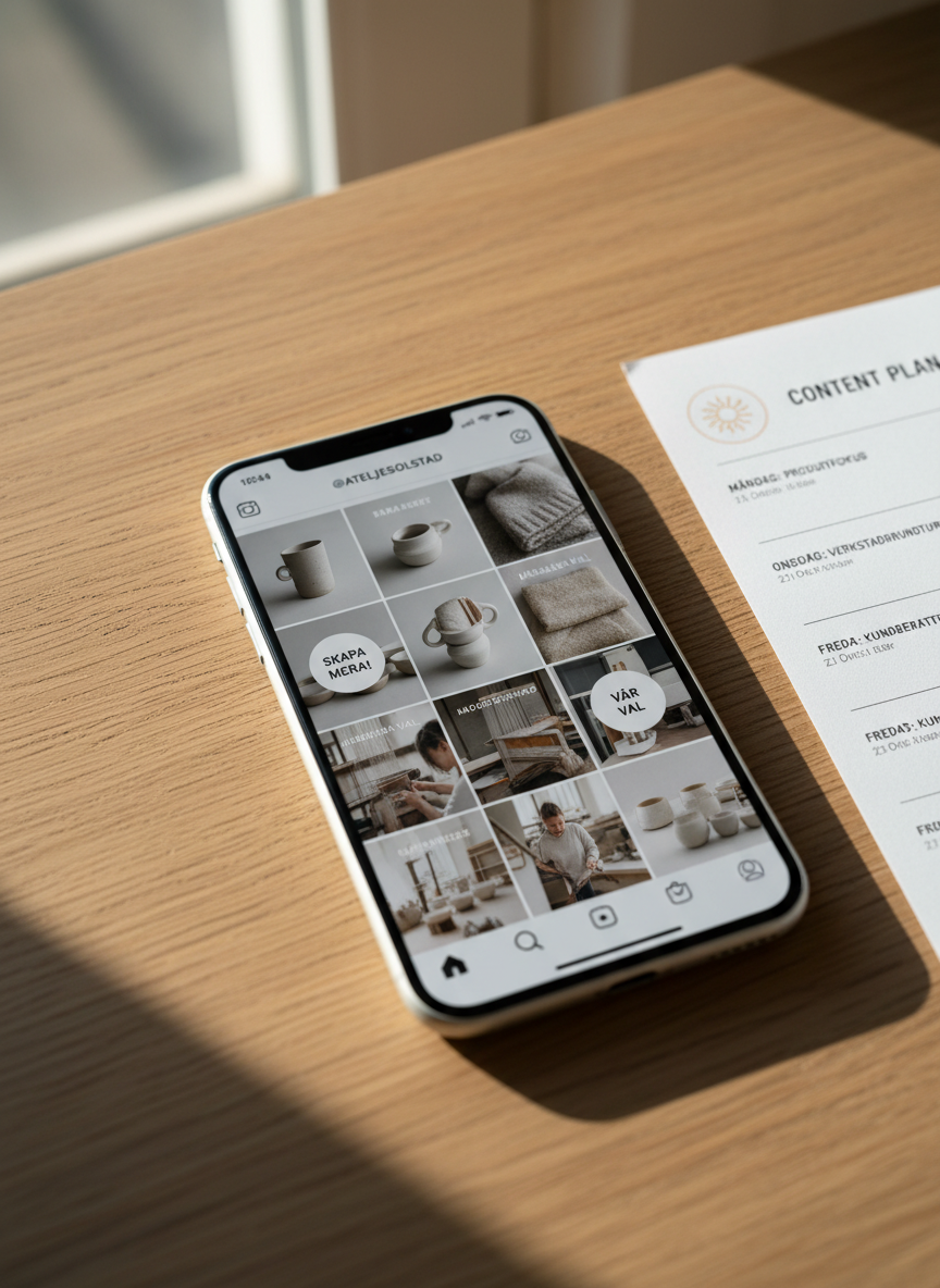 A close-up of a smartphone resting on a natural oak tabletop, its screen displaying a beautifully designed Instagram grid for a Swedish small business, with a clear mix of product photos, behind-the-scenes content, and educational posts. Next to the phone lies a printed content plan with dates and Swedish headlines, slightly out of focus. Warm, indirect daylight from a nearby window creates soft reflections on the glass screen and gentle shadows around the device. Photographic realism with a slightly angled top-down composition and shallow depth of field keeps the phone crisp while the surroundings blur. The mood is practical and actionable, highlighting professional social media management that feels genuine and non-stock-like.